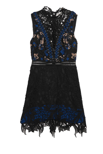 This luxe lace frock&rsquo;s delicately crocheted
bodice and cut-out floral detailing are perfectly balanced by the high
neckline. Sexy but still chic.