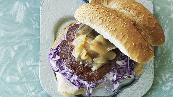 Pork burgers with pear relish and onion rings