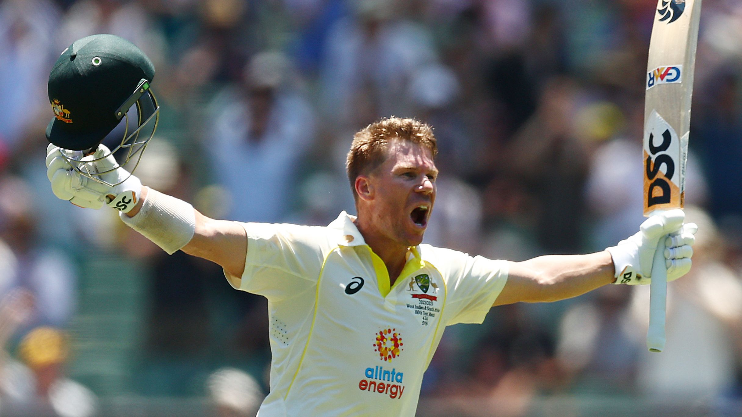 MELBOURNE, AUSTRALIA - DECEMBER 27: David Warner of Australia celebrates his century during day two of the Second Test match in the series between Australia and South Africa at Melbourne Cricket Ground on December 27, 2022 in Melbourne, Australia. (Photo by Graham Denholm - CA/Cricket Australia via Getty Images)