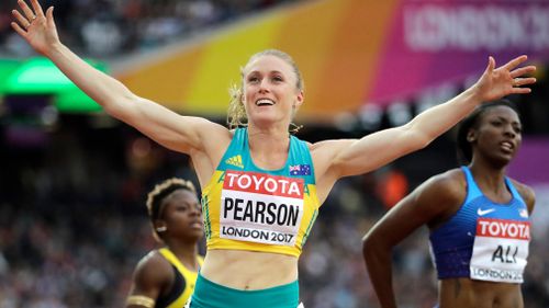Australia's Sally Pearson reacts after winning a Women's 100m hurdles semifinal during the World Athletics Championships in London on August 11, 2017. (AAP)
