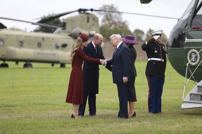 US President Donald Trump and first lady Melania Trump are welcomed by Prince William and Kate, the Princess of Wales