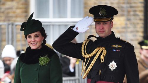 The Duke and Duchess of Cambridge attend the regiment's St Patrick's Day parade at Cavalry Barracks in Hounslow. (PA/AAP)