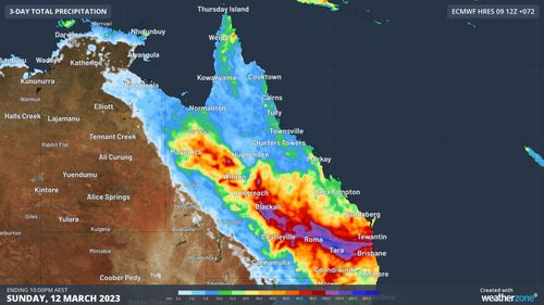 The map shows how much rain is being predicted between 10am AEST Friday and Sunday night.