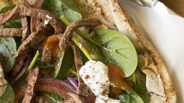 Beef doner kebabs with hummus and garlic mint yoghurt