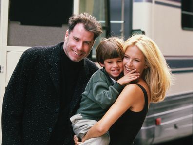 Actress Kelly Preston gets a visit from husband John Travolta and son Jett while on location filming the 1997 motion picture Addicted to Love