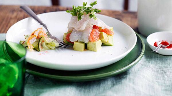 Mackerel ceviche with avocado, ruby grapefruit and spanner crab