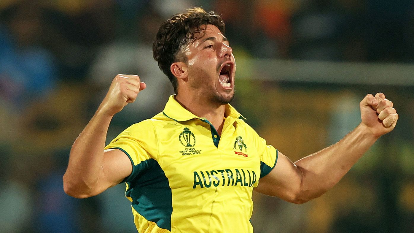 Marcus Stoinis celebrates a wicket during Australia&#x27;s World Cup win over Pakistan