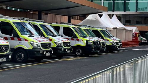 Ambulances lined up outside Sunshine Hospital in Melbourne.