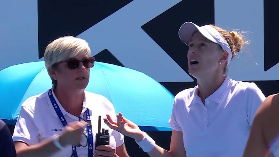 Alison Riske-Amritraj questions the umpire&#x27;s call in her doubles match.