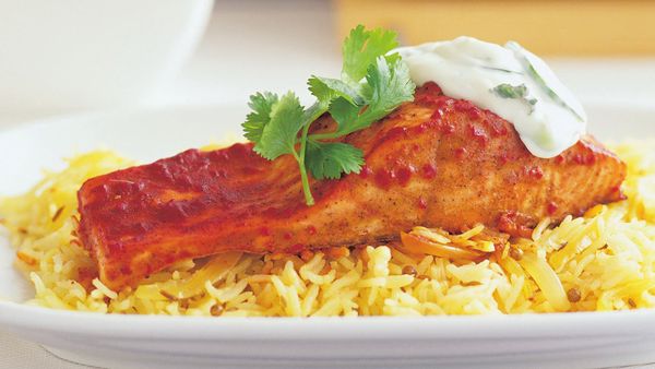 Tandoori salmon with pilaf and raita