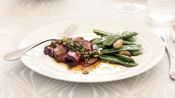 Rare roast beef fillet with spring onion, ginger and coriander dressing