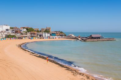 The sandy beach of Viking Bay in the seaside town of Broadstairs, east Kent, England