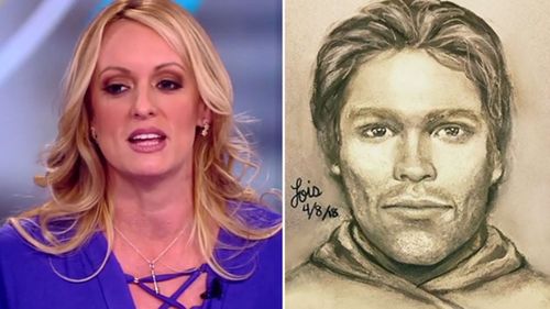 A screenshot of Stormy Daniels and the composite sketch of the man she says threatened her to keep quiet about her alleged relationship with Donald Trump.