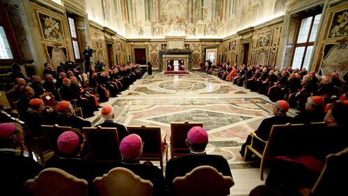 Pope Francis attends the traditional greetings to the Roman Curia, at the Vatican.