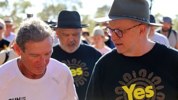 Prime Minister Anthony Albanese and Noel Pearson meet with Pat Farmer at Uluru