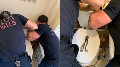 A Texas fire crew rescues a dog, Tippy, trapped behind a toilet.