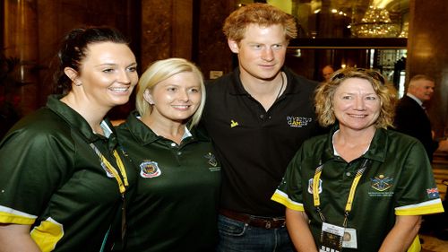 Prince Harry meets female members of the Australian Invictus team before they compete at the games over the next five days at Australia House. (Getty Images)