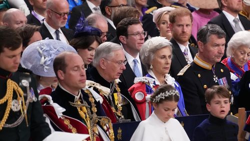 LONDON, ENGLAND - MAY 06: (Front row L-R) Prince William, Prince of Wales, Princess Charlotte, Prince Louis and Catherine, Princess of Wales and Prince Harry, Duke of Sussex during the coronation ceremony of King Charles III and Queen Camilla in Westminster Abbey, on May 6, 2023 in London, England. The Coronation of Charles III and his wife, Camilla, as King and Queen of the United Kingdom of Great Britain and Northern Ireland, and the other Commonwealth realms takes place at Westminster Abbey t