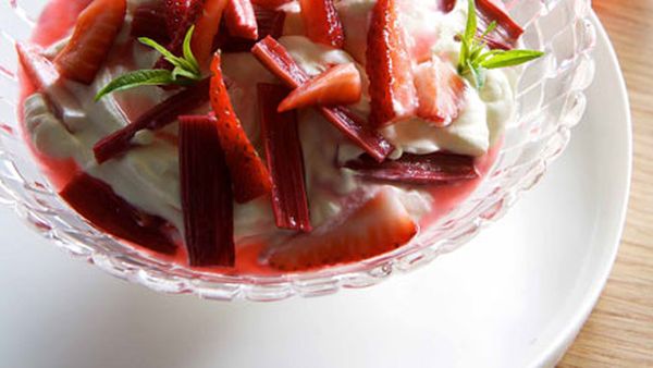 Rose geranium and lemon verbena cream with rhubarb and strawberries
