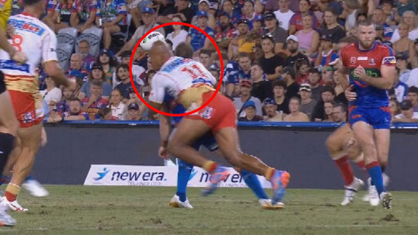 Dolphins star Felise Kaufusi has been handed a three match ban for this hit on Knights halfback Jackson Hastings