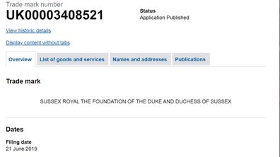 Sussex Royal trademark granted - screenshot Intellectual Property Office