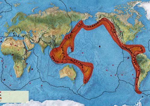 Map of the Pacific Ring of Fire, an area known for its intense seismic activity which extends from the west coast of the American continent to New Zealand, Japan, the Philippines and Indonesia. 