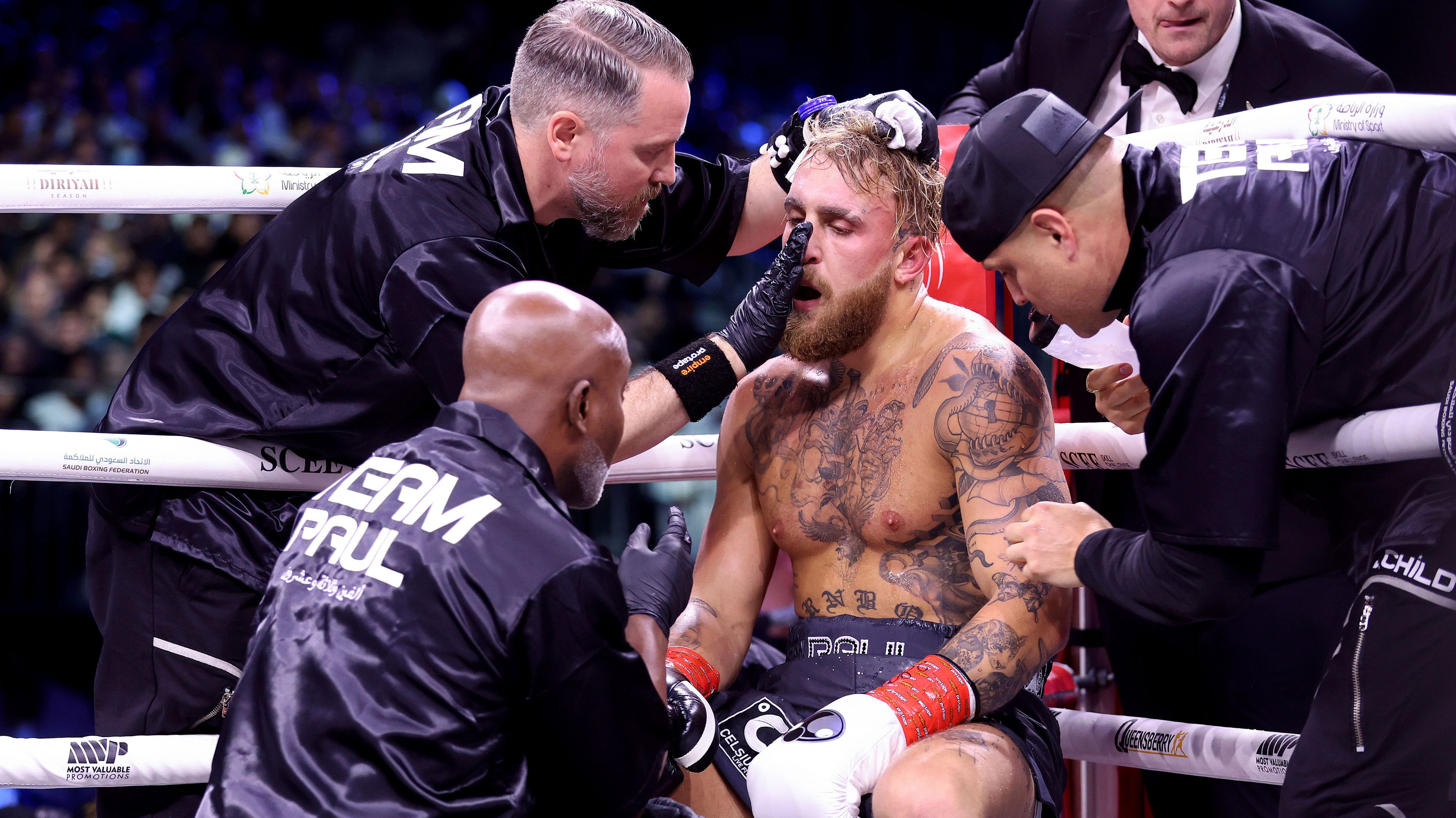 Jake Paul receives medical treatment during his cruiserweight title fight against Tommy Fury.