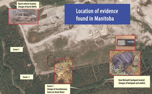 RCMP released this map and diagram, detailing key scenes and discoveries close to where the bodies of Kam McLeod and Bryer Schmegelsky were found.