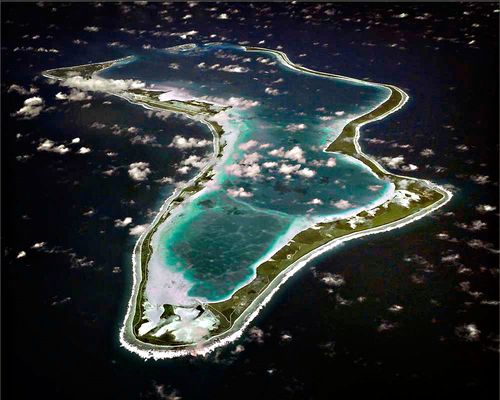 An aerial view of the island of Diego Garcia.
