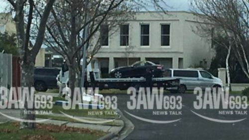 The black Mercedes was towed from outside Ms Ristevski's Avondale Heights home this afternoon. (3AW Melbourne)