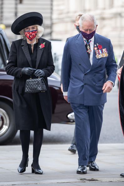 The Prince of Wales and the Duchess of Cornwall arrive at Westminster Abbey in London, to attend a service to mark Armistice Day and the centenary of the burial of the unknown warrior. PA Photo. Picture date: Wednesday November 11, 2020. See PA story MEMORIAL Remembrance. Photo credit should read: Aaron Chown/PA Wire