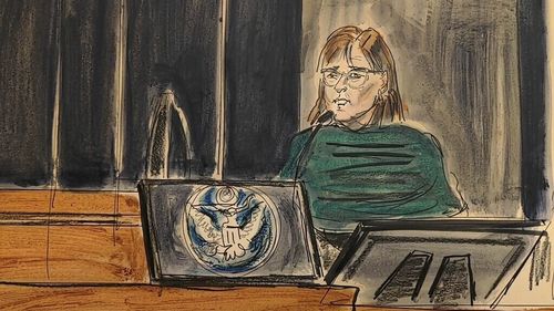 This courtroom sketch shows Janice Swain, the government's final witness in the Ghislaine Maxwell sex abuse trial. 