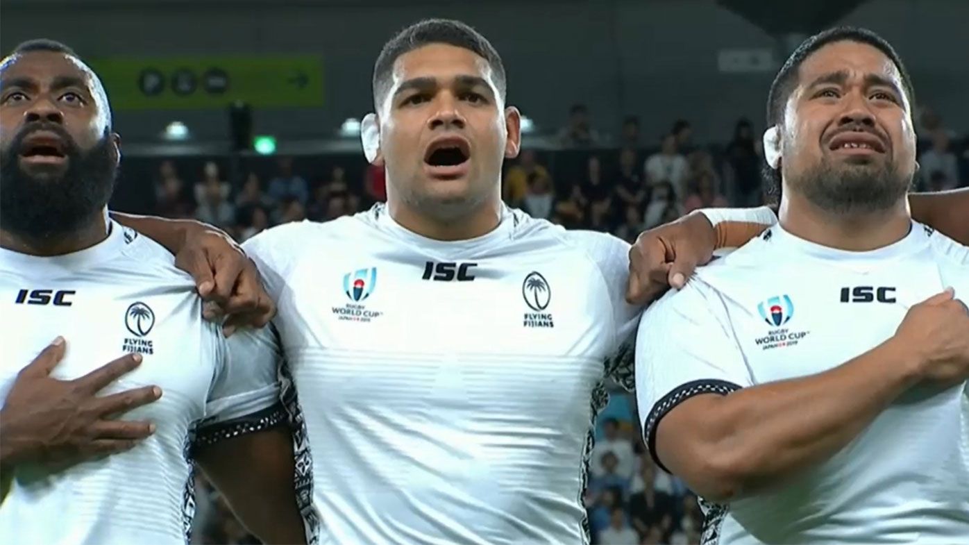 Sydney-born Fijian star Campese Ma'afu breaks down in tears during national anthem