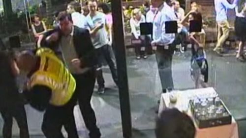 CCTV shows James Ian Longworth hitting a bouncer after being refused entry. (Supplied)