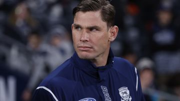 GEELONG, AUSTRALIA - AUGUST 05: Tom Hawkins of the Cats looks on during the round 21 AFL match between Geelong Cats and Port Adelaide Power at GMHBA Stadium, on August 05, 2023, in Geelong, Australia. (Photo by Darrian Traynor/AFL Photos/via Getty Images)