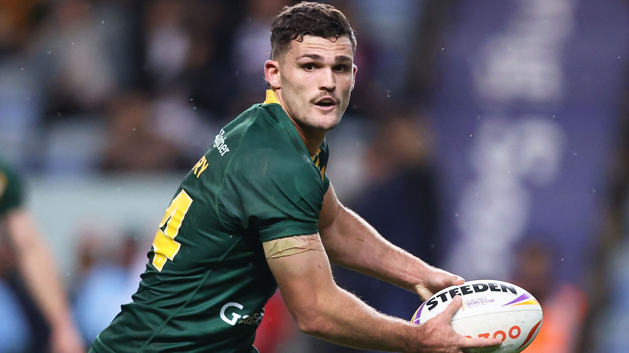 Nathan Cleary of Australia runs the ball during the Rugby League World Cup Pool B clash with Scotland. 