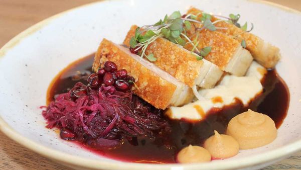 Roast pork belly with pickled cabbage by Ben Varela for The Collaroy Hotel