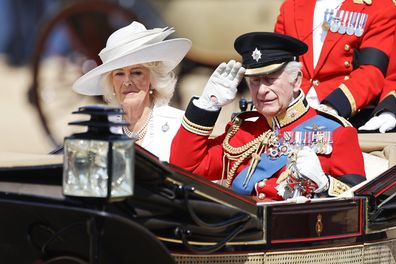 LONDON, ENGLAND - JUNE 14: Queen Camilla and King Charles III arrive at Horse Guards Parade during Trooping The Colour 2025 on June 14, 2025 in London, England. Trooping The Colour is a ceremonial parade celebrating the official birthday of the British Monarch. The event features over 1,400 soldiers and officers, accompanied by 200 horses. More than 400 musicians from ten different bands and Corps of Drums march and while performing. (Photo by John Phillips/Getty Images)