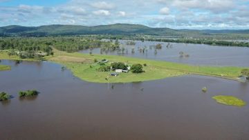 Peter Lake&#x27;s farm at Ulmarra during floods in 2022.