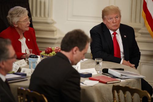 President Donald Trump says he would have entered the school building where the shooting occurred. Pictured is the Trump meeting the National Governors Association. (AAP)