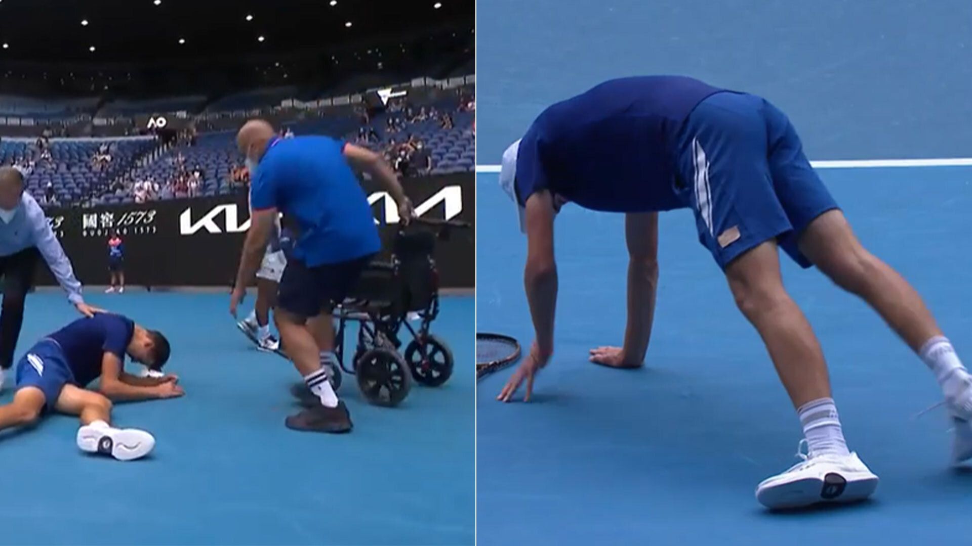 Jakub Mensik goes down with severe cramps in the junior boys Australian Open final.