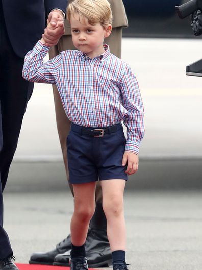 Prince George of Cambridge as he arrives with Prince William, Duke of Cambridge, Catherine, Duchess of Cambridge and Princess Charlotte of Cambridge on day 1 of their official visit to Poland on July 17, 2017 in Warsaw, Poland. 