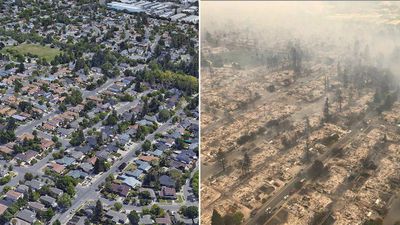 Before and after photos of Coffey Park, Santa Rosa. (Google Earth/California Highway Patrol/Reuters)