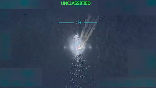 Footage of a US drone strike hitting a boat alleged to be connected to drug smuggling Venezuelan cartels.