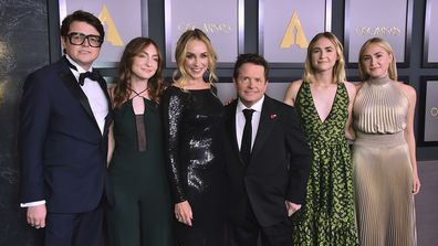 From left, Sam Fox, Esme Fox, Tracy Pollan, Michael J. Fox, Schuyler Fox and Aquinnah Fox arrive at the Governors Awards on Saturday, Nov. 19, 2022, at Fairmont Century Plaza in Los Angeles. (Photo by Jordan Strauss/Invision/AP)