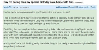 The birthday girl has shared her distress on Mumsnet.