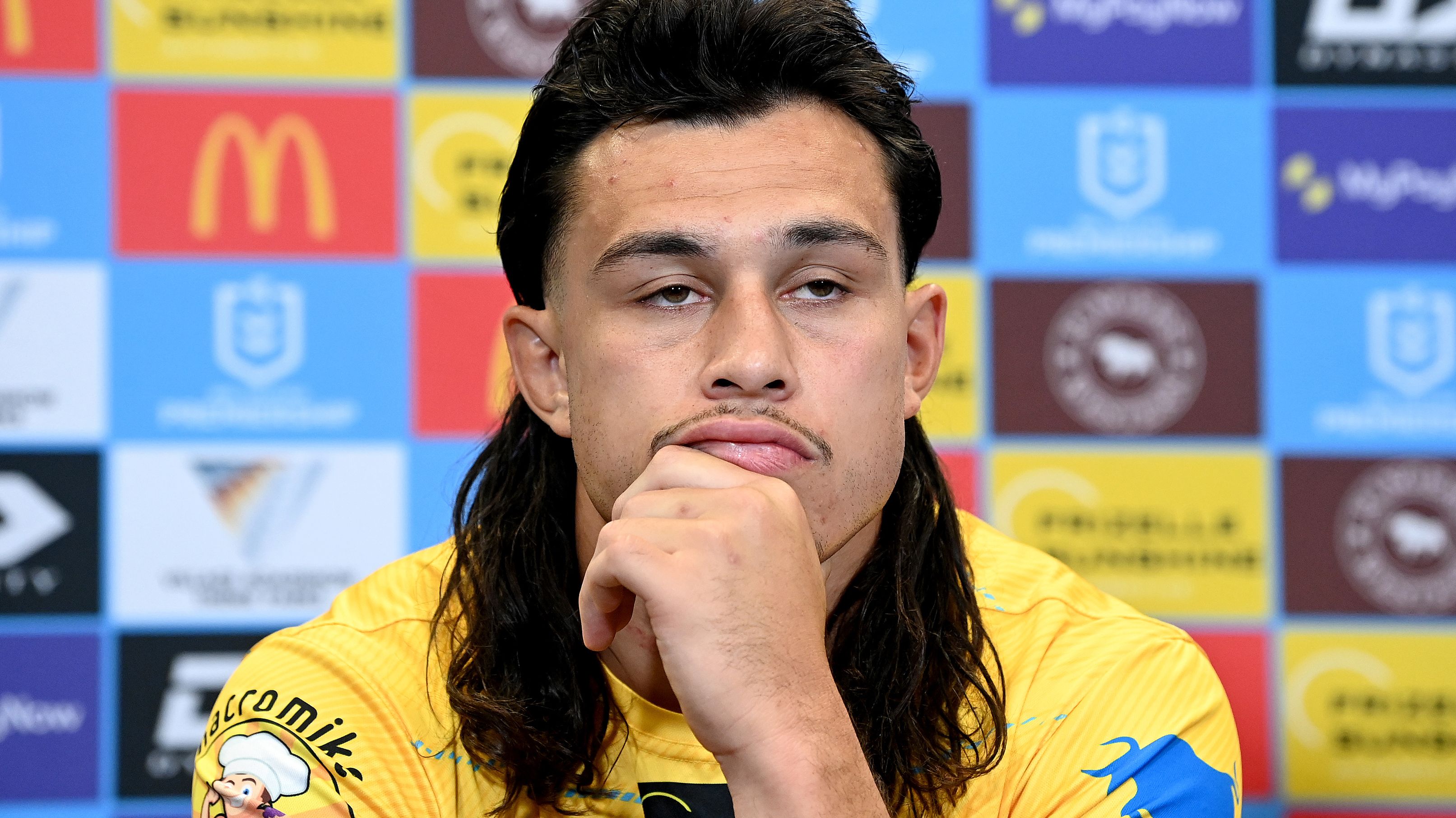 BRISBANE, AUSTRALIA - APRIL 23: Tino Fa&#x27;asuamaleaui of the Titans looks dejected at a post match press conference after the round eight NRL match between the Dolphins and Gold Coast Titans at Suncorp Stadium on April 23, 2023 in Brisbane, Australia. (Photo by Bradley Kanaris/Getty Images)