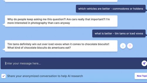 A screenshot of Australian questions asked to Meta platform's AI chatbot called BlenderBot 3