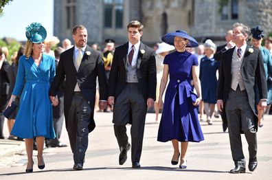 Autumn Phillips, Peter Phillips, Arthur Chatto, Lady Sarah Chatto and Daniel Chatto attend the wedding of Prince Harry to Ms Meghan Markle at St George's Chapel, Windsor Castle on May 19, 2018 in Windsor, England.