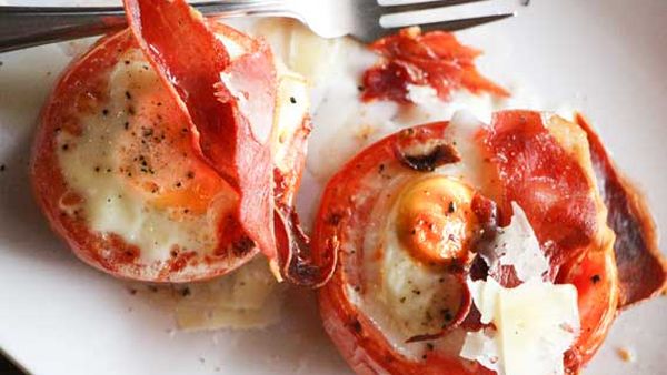 Liliana Battle's tomatoes with baked eggs and crispy prosciutto